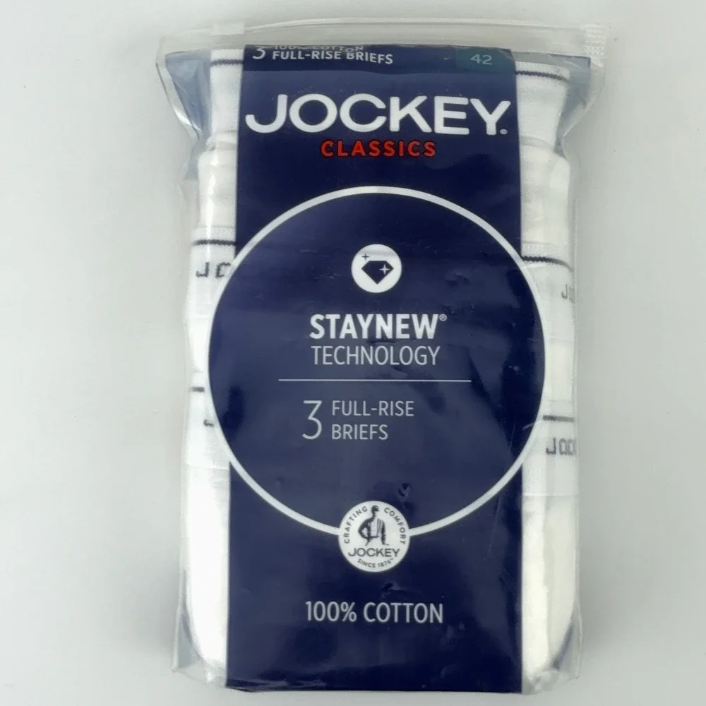 Jockey Classics Mens 3 Pack Full-Rise Briefs White 100% Cotton Size 42 Y-Front